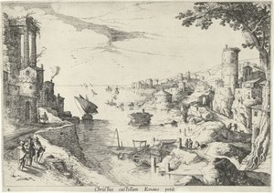 منظر طبيعي مع العشاء في عمواس Christ castellum Emaus petit (العنوان على الكائن) المناظر الطبيعية الإيطالية مع مشاهد من الكتاب المقدس (عنوان السلسلة)