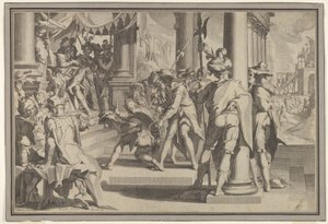 رمزية العدالة قدسية القانون مع مشهد للمحكمة يصور رجلاً يُعفو عنه ... ، 1605. بواسطة فيليم فان سواننبورغ