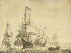 المنظر البحري مع رجال الحرب الهولنديين بما في ذلك درينته والأمير فريدريك هنري ، c.1670 (الرسم على اللوحة) بواسطة ويليم فان دي فيلدي