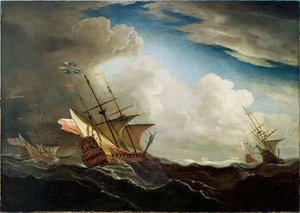 سفن إنجليزية في عرض البحر تضرب في اتجاه الريح في عاصفة هوجاء، حوالي عام 1690 (زيت على قماش)