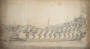 صورة لسفينة "غرافتون"، من الدرجة الثالثة، بُنيت عام 1679 وأعيد بناؤها عام 1700، حوالي 1680 (جرافيت، غسيل رمادي)