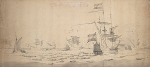أسطول هولندي مستلقٍ في النسيم: مجلس حرب، حوالي عام 1665 (جرافيت، غسيل رمادي)