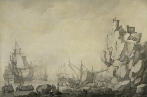 سفن وميليشيات على شاطئ صخري ، حوالي عام 1680 (قلم وحبر على قماش معدة) بواسطة فيليم فان دي الأكبر فيلدي