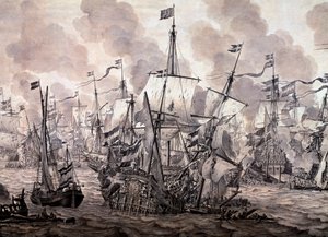 معركة الصوت بين الأساطيل الهولندية والسويدية ، 8 نوفمبر 1658. التفاصيل - رسم بالزيت والحبر بواسطة فيليم فان دي الأكبر فيلدي