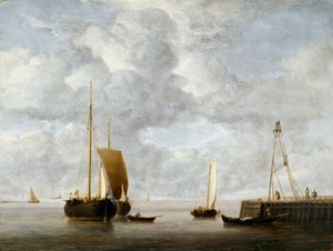 A Dutch Hoeker at Anchor بالقرب من الرصيف c.1665 (زيت على لوح)