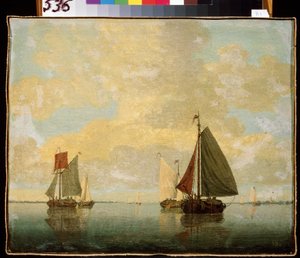 القوارب الشراعية. لوحة لويليم فان دي فيلدي الأصغر (1633-1707). زيت على قماش ، 24.5 × 32.5 سم ، أواخر القرن السابع عشر. الفن الفلمنكي ، على الطراز الباروكي. متحف هيرميتاج ، سانت بطرسبرغ.