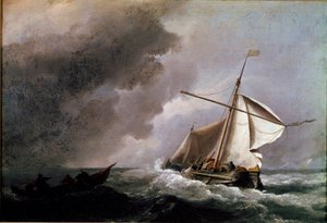 سفينة هولندية تخفض الأشرعة في انتظار قارب نجاة لوحة رسمها ويليم فان دي فيلدي الشاب (1633-1707) 1660 صن. 23،2x33،2 سم معرض لندن الوطني