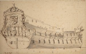 صورة لسفينة "Ridderschap"، 66 مدفعًا، تابعة لأميرالية ماس، بُنيت عام 1666 وفُقدت في البحر عام 1690، حوالي 1686 (جرافيت، غسيل رمادي)