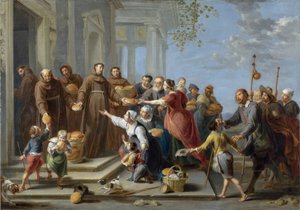 القديس أنتوني بادوا يوزع الخبز - رسم لويليم فان هيرب لاين (1614-1677) ، زيت على النحاس (80 × 114.3 سم) ، حوالي 1662 - (القديس أنتوني بادوا يوزع الخبز والزيت على النحاس بواسطة ويليم فان هيرب شيخ ، 1662) - المعرض الوطني ، إل
