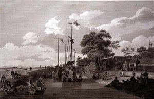 منظر لبحيرة باو-ينغ حيث تم فصلها عن القناة الكبرى بسد من الأرض ، نقشها ويليام (1747-1810) وإليزابيث إليس ، حانة. بواسطة G. Nicol