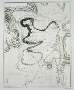 مخطط مدينة طروادة ، من "طبوغرافيا طروادة وقربها" ، نقشها توماس ميدلاند (1755-1823) ونشر عام 1804 (نقش ملون) بواسطة وليام (بعد) جيل