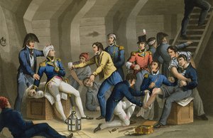قمرة القيادة ، معركة النيل ، تظهر نيلسون مصابًا في المعركة ، نقشها ماثيو دوبورج (من 1813 إلى 20) من "الحكايات التاريخية والعسكرية والبحرية" ، حانة. بواسطة إدوارد أورم (1774 - 1820) 1817 (أكواتينت)