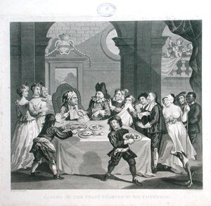 سانشو في العيد يتضور جوعاً بواسطة طبيبه ، نقش بواسطة توماس كوك (1744-1818) (نقش) بواسطة وليام (بعد) هوغارث