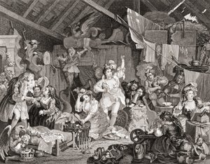 تمرين اللاعبين المتجولين في حظيرة ، نقشها جي بريسبري ، من The Works of Hogarth المنشور في لندن عام 1833 (نقش أبيض وأسود) بواسطة وليام (بعد) هوغارث