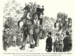 Punch cartoon: The Four-in-Hand Club Cut out by the One-in-Hand Club (on the Saturday Before the Derby) (engraving)