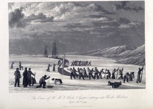 طاقم السفينة H.M.S. Hecla و Griper يقتطعان الميناء الشتوي ، 26 سبتمبر 1819 ، رسم توضيحي من "Journal of a Voyage for the Discovery of a North-West Passage from the Atlantic to the Pacific ..." بواسطة وليام (بعد) ويستال