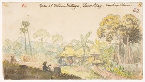 34 "View at Tobacco Village، Turon Bay - Cochin China،"  من ألبوم يحتوي على 372 رسمًا للمناظر الطبيعية والسواحل والأزياء والحياة اليومية التي تم صنعها خلال سفارة اللورد ماكارتني إلى إمبراطور الصين ، بين عامي 1792 و 1794 (قلم رصاص وألوان مائية على ورق) بواسطة وليام الكسندر