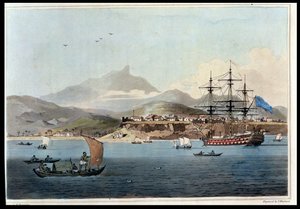 بورتو برايا في جزيرة سانت جاغو ، اللوحة 4 من "رحلة إلى كوتشينشينا" لجون بارو (1764-1848) منقوشة بواسطة توماس ميدلاند (1755-1823) 1806 (أكواتينت)