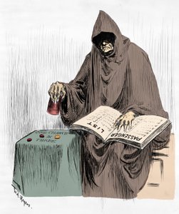 أي واحدة؟ مصير أم نقص قوارب النجاة؟ إشارة إلى غرق التايتانيك وأسباب الكارثة. رسم لوليام ألين روجرز (1854-1931) نُشر في "نيويورك هيرالد" 17/04/1912