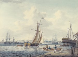 منظر لغرينويتش وديبتفورد يظهر الكلية البحرية الملكية وحوض السفن الملكي ، 1789 (مرحاض) بواسطة وليام أندرسون