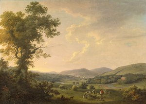 منظر طبيعي مع صانعي القش ومنظر بعيد لمنزل جورجي ، حوالي عام 1780 (زيت على قماش) بواسطة وليام أشفورد