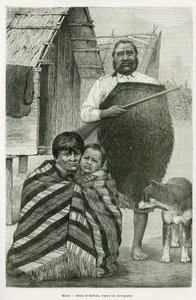 ثلاثة أجيال من الماوري. نقش لباربوتين ، لتوضيح قصة رحلة لا نوفيل زيلاند ، في عام 1889 ، بقلم جي فيرشور ، في لو تور دو موند 1890 ، من إخراج إدوارد شارتون (1807-1890) ، هاشيت ، باريس. بواسطة وليام باربوتين