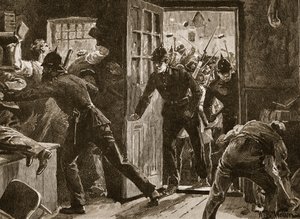 قتال في اينيس بين المتسربين الوطنيين والشرطة ، 1886 ، رسم توضيحي من `` تاريخ كاسيل المصور لإنجلترا &39;&39; (صورة بني داكن) بواسطة صوف ويليام بارنز