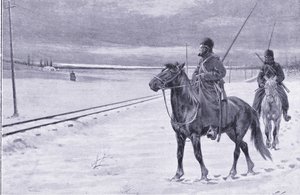 حراسة السكة الحديد بالقرب من موكدين ، رسم توضيحي من Casells History of Russo-Japanese War Vol 1 ، c.1900 بواسطة صوف ويليام بارنز