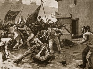 أعمال شغب في بلفاست ، 1886 ، رسم توضيحي من "تاريخ إنجلترا المصور لكاسل" (صورة بني داكن) بواسطة صوف ويليام بارنز
