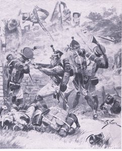 الهجوم على الحائط في Hougomont: Waterloo 1815 ، رسم توضيحي من المعارك البريطانية في البر والبحر ، 1915 بواسطة صوف ويليام بارنز