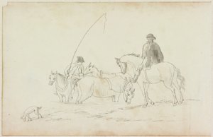 اثنين من الرجال على ظهور الخيل مع اثنين من الخيول والكلب (قلم رصاص والألوان المائية (غسل) على الورق (على الورق مع M751)) بواسطة وليام بيلبي