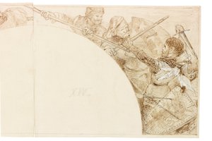رسم للجدارية في قاعة والينغتون (حبر وقلم رصاص على ورق (ملصوق على البطاقة)) بواسطة وليام بيل سكوت