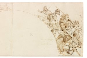 رسم للجدارية في قاعة والينغتون (حبر وقلم رصاص على ورق (ملصوق على البطاقة)) بواسطة وليام بيل سكوت