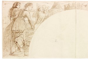 رسم للجدارية في قاعة والينغتون (حبر وقلم رصاص على ورق (ملصوق على البطاقة)) بواسطة وليام بيل سكوت