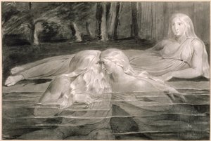 Har and Heva Bathing ، Mnetha Looking On ، c.1785-89 (فرشاة ، حبر وغسل على ورق) بواسطة وليام بليك