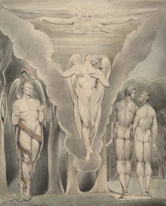 رسم توضيحي 4 لـ "الجنة المفقودة" لميلتون: الشيطان يتجسس على نزول آدم وحواء ورافائيل إلى الجنة ، 1807 بواسطة وليام بليك