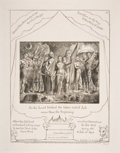 أعاد أيوب وزوجته إلى الازدهار ، من الرسوم التوضيحية لكتاب أيوب ، 1825-26. بواسطة وليام بليك
