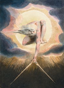 The Ancient of Days - Urizen يقيس العالم المادي - Urizen يقيس العالم المادي. رسم توضيحي لواجهة الكتاب "" أوروبا. إلى النبوة. " رسم ويليام بليك (1757-1827) بواسطة وليام بليك
