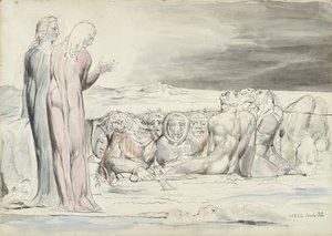 دائرة الخونة: ألبيرتي براذرز ، توضيح للكوميديا الإلهية بقلم دانتي أليغييري ، 1824-27 (قلم وحبر مع مرحاض فوق قلم رصاص وطباشير على ورق) بواسطة وليام بليك