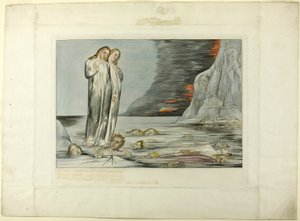 دائرة الخائنين؛ قدم دانتي تضرب بوكا ديجلي أباتي. الجحيم، الكانتو الثاني والثلاثون بواسطة وليام بليك