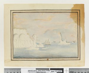 مقابل. ص. 150- "Ice Islands thro" التي أبحر بها Sirius في 14 كانون الأول (ديسمبر) 1788 قبالة كيب هورن "، حوالي 1802 (ألوان مائية) بواسطة وليام برادلي