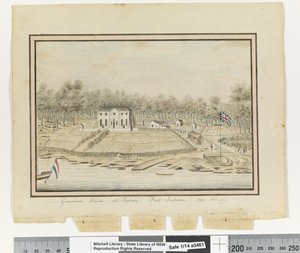 مقابل. ص. 225. "منزل الحاكم في سيدني ، بورت جاكسون 1791" ، 1802 (ألوان مائية) بواسطة وليام برادلي