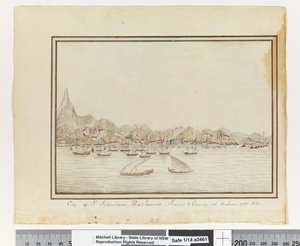 مقابل. ص. 37. `` مدينة سانت سيباستيانز ، ريو جانيرو: سيريوس وقافلة في المرساة. 1787 