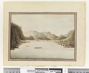 مقابل. ص. 39. "منظر لخليج محصن على الجانب E مدخل ريو جانيرو" ، حوالي 1802 (ألوان مائية) بواسطة وليام برادلي