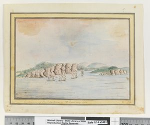 مقابل. ص. 65. "مدخل بورت جاكسون 27 يناير 1788" ، 1802 (ألوان مائية) بواسطة وليام برادلي