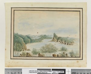 مقابل. ص. 92. "North Arm of Broken Bay New South Wales من جزيرة عند مدخل Sepr 1789 '، حوالي 1802 (ألوان مائية) بواسطة وليام برادلي