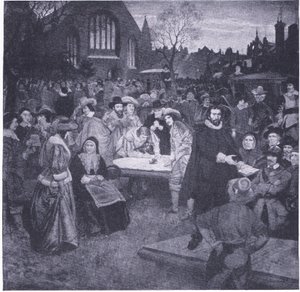 توقيع العهد الوطني في Greyfriars Churchyard 1638 ، من Cassells History of the British People نشرته شركة Waverley Book Company Limited ، c.1940 بواسطة ويليام براسي هول