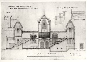 تفاصيل المداخل والسلالم ومدخل غرفة الفرن ودرابزين (مدرسة Big New) ، مدرسة الرجبي ، 1844 (حبر أسود ، قلم رصاص ومرحاض) بواسطة وليام باترفيلد