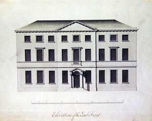 تصميم لقاعة إنفيل في ستافوردشاير ، حوالي عام 1770 (قلم وحبر مع ألوان زرقاء رمادية اللون) بواسطة وليام تشامبرز