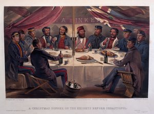 عشاء عيد الميلاد على المرتفعات قبل سيباستوبول ، منقوش من قبل JA Vinter ، من `` The Seat of War in the East - First Series &39;&39; ، نشرته شركة Colnaghi und Co. ، 1855 بواسطة وليام كريميا سيمبسون